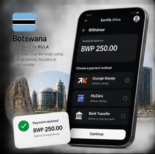 Earnify Africa withdraw screen for Botswana, paying out to local payout methods.