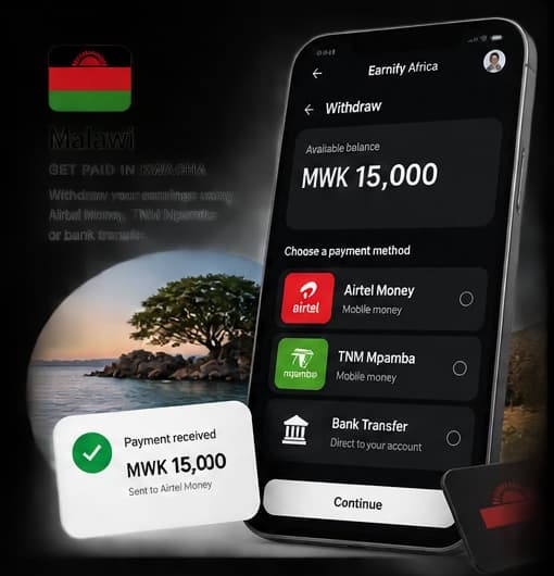 Earnify Africa withdraw screen for Malawi, paying out to local payout methods.