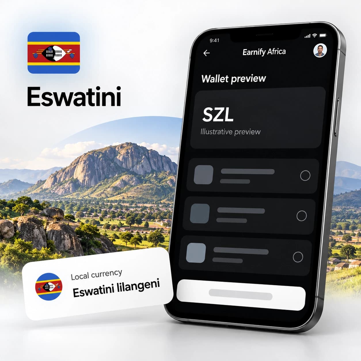 Earnify Africa withdraw screen for Eswatini, paying out to local payout methods.