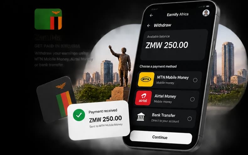 Earnify Africa withdraw screen for Zambia, paying out to local payout methods.