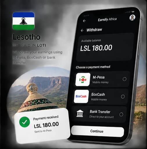 Earnify Africa withdraw screen for Lesotho, paying out to local payout methods.