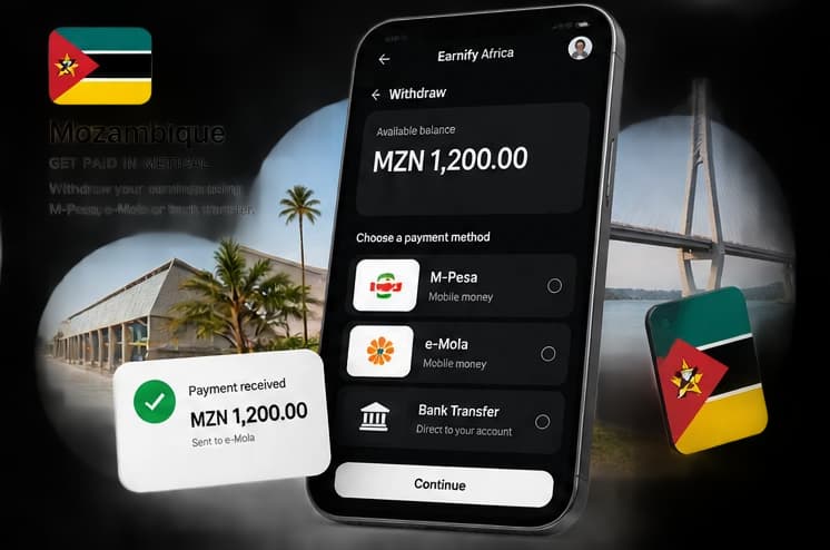 Earnify Africa withdraw screen for Mozambique, paying out to local payout methods.
